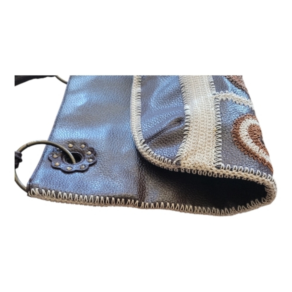 Large Boho Crochet Patchwork Shoulder Bag Leather… - image 7